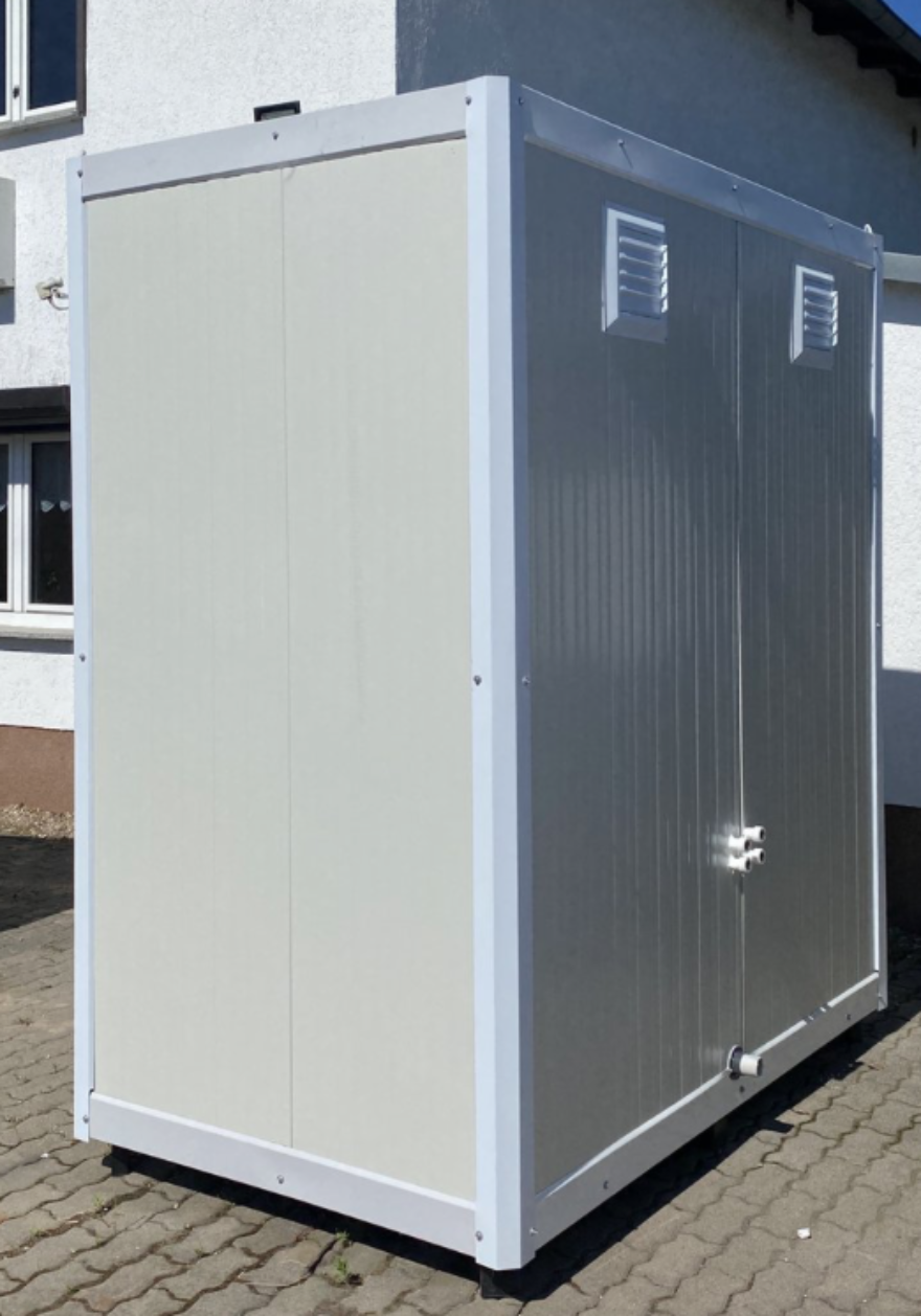 Contenedor sanitario 1,30 x 2,05 m con ducha doble – módulo compacto con 2 cabinas para uso intensivo en obra